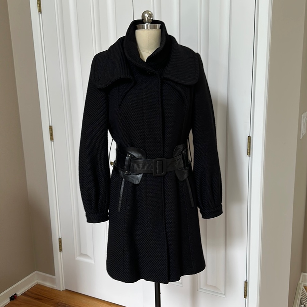 Mackage Bell sleeve textured wool blend coat leather trim/ belt.  Size Large